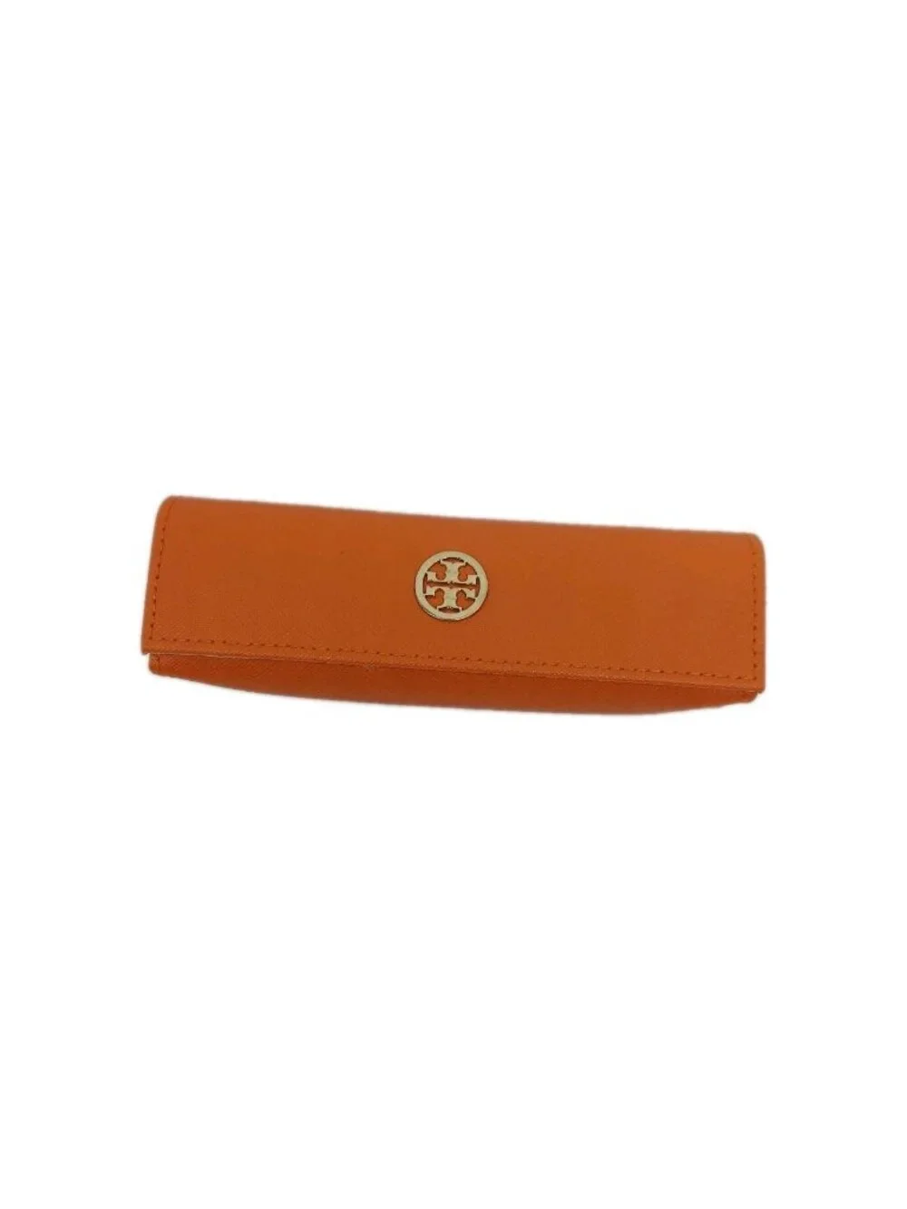 Tory Burch Glasses Case Orange Saffiano Leather Gold Metal Logo